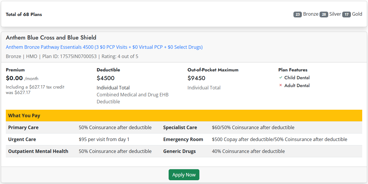 ACA Health Insurance Quote Engine Results