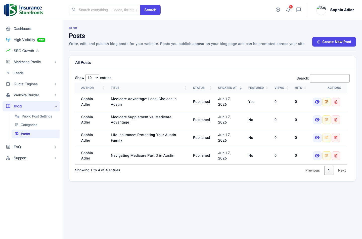 The Blog manager — write, edit, and publish posts that appear on your website.