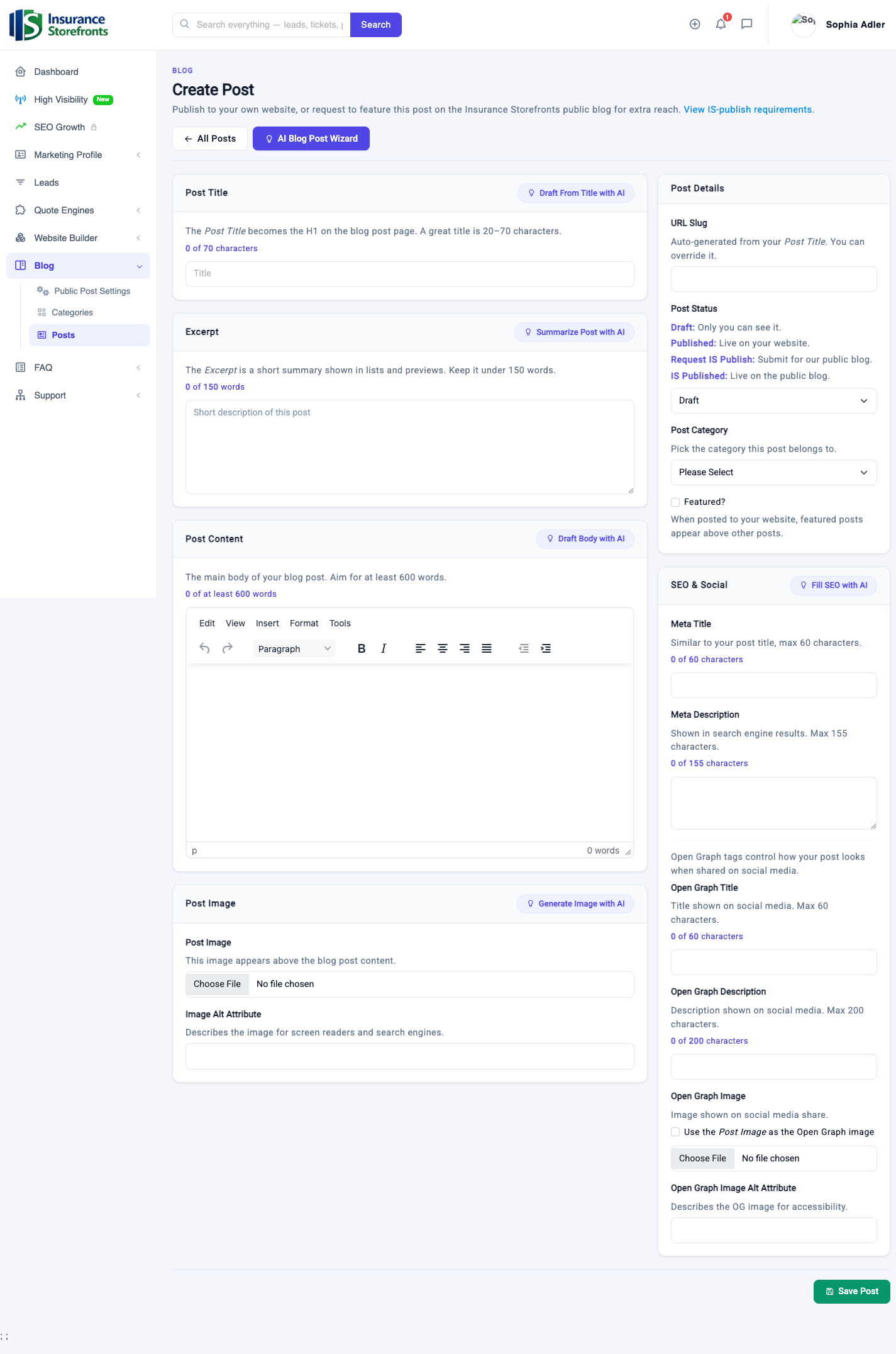 One-click AI helpers in the editor: draft the body, fill SEO, even generate a featured image.