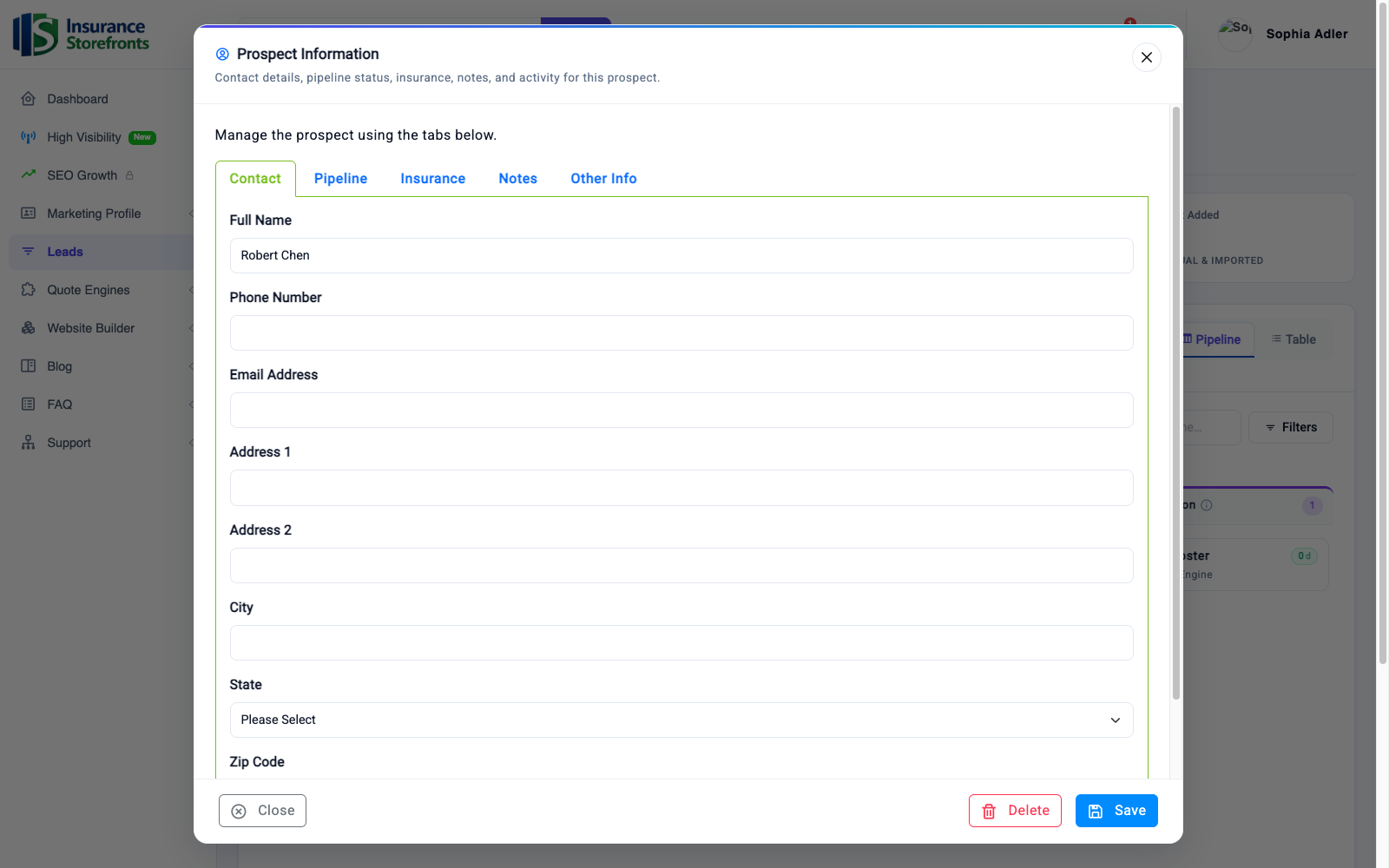 Click any lead to manage it — contact details, stage, insurance interest, and notes all in one place.