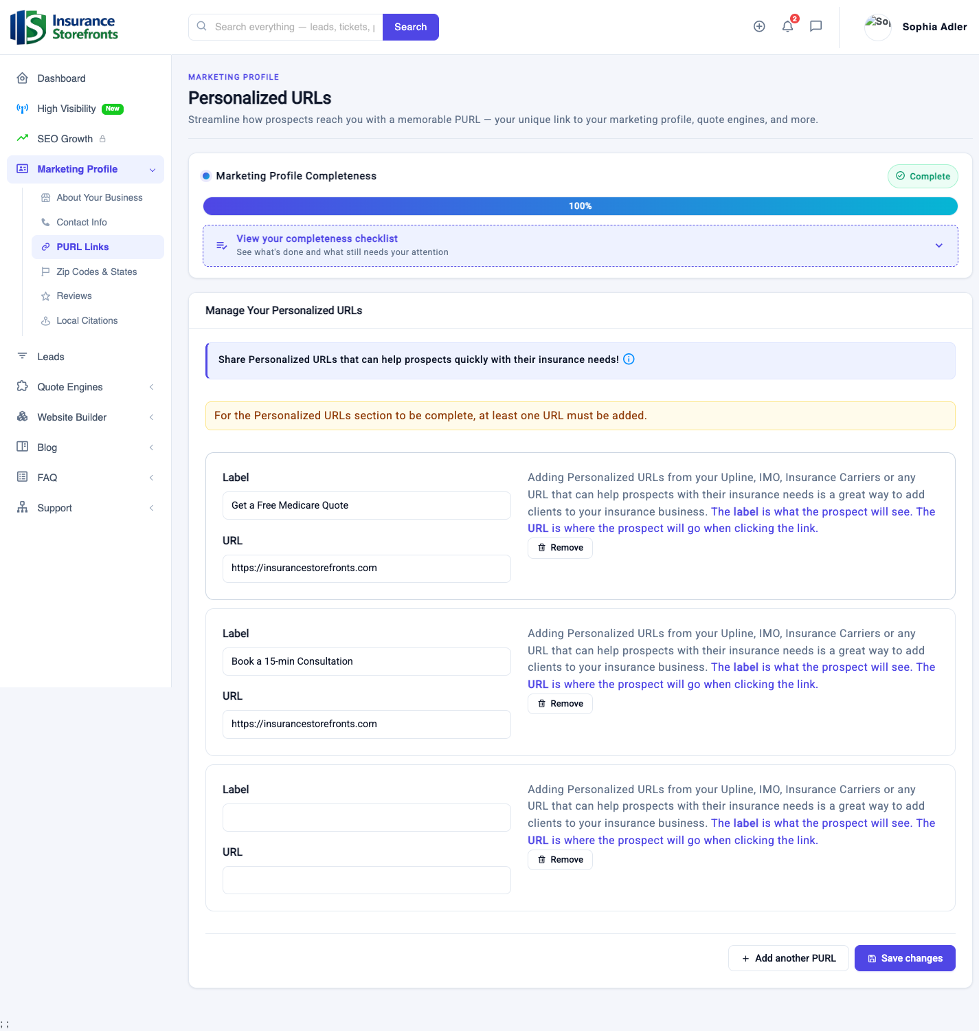 Helpful Links (PURLs): call-to-action links that appear on your profile.