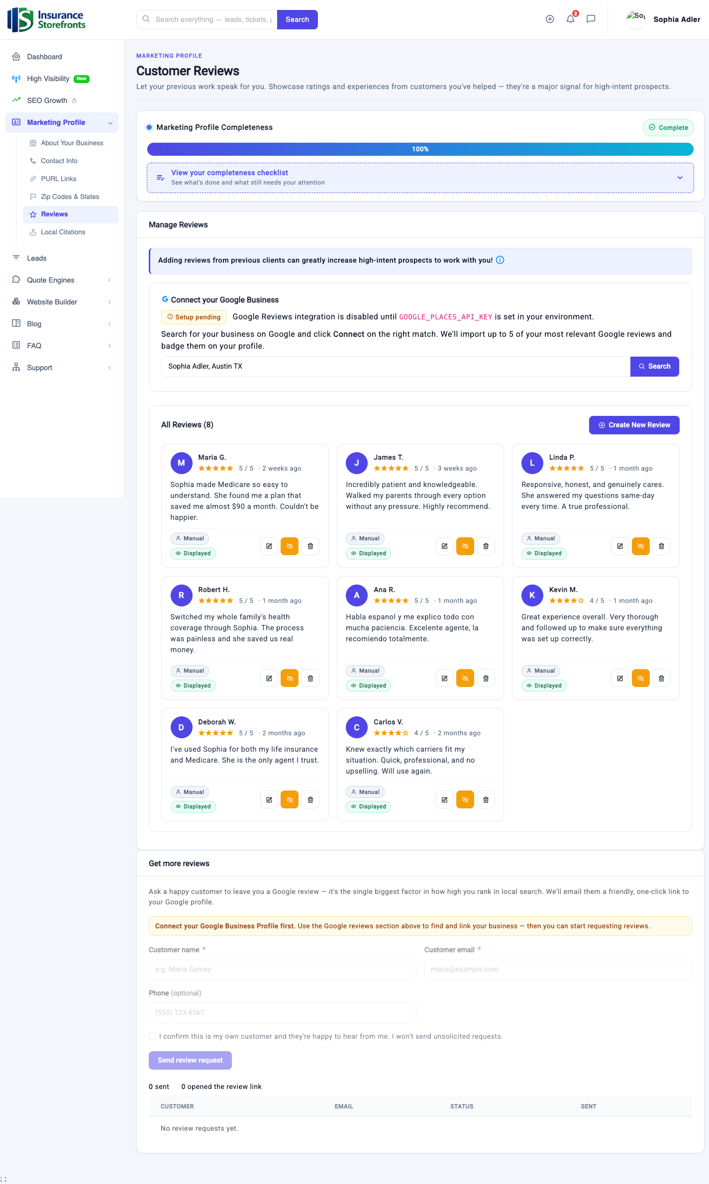 Reviews: add them manually or connect your Google Business Profile.