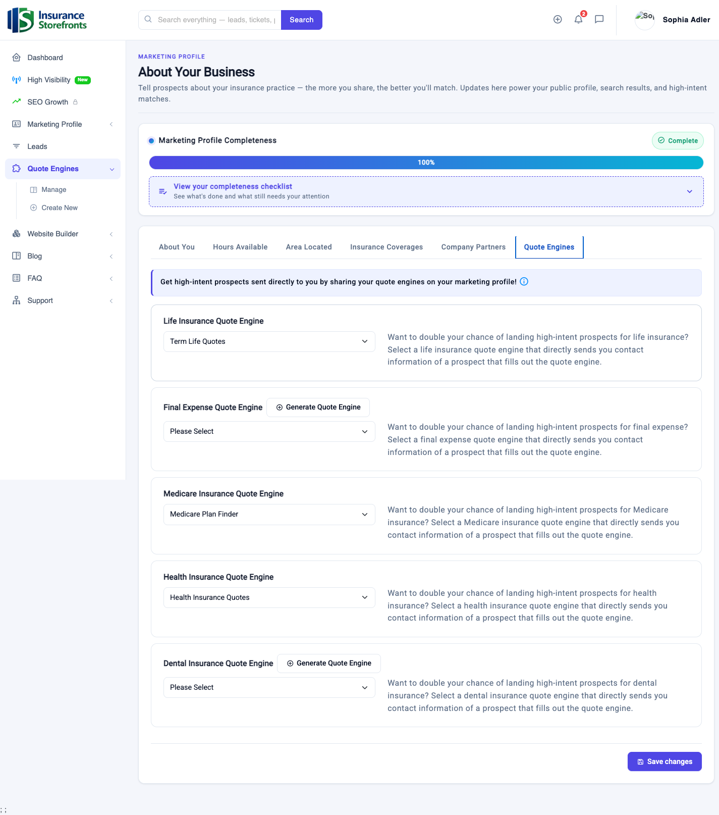 Your Quote Engines area — build and assign an engine for each of the 5 product types.