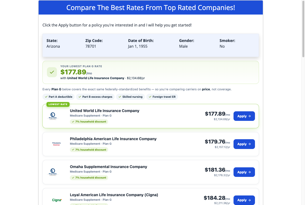 A quote engine returns real rates and captures the prospect as a lead — straight to you.