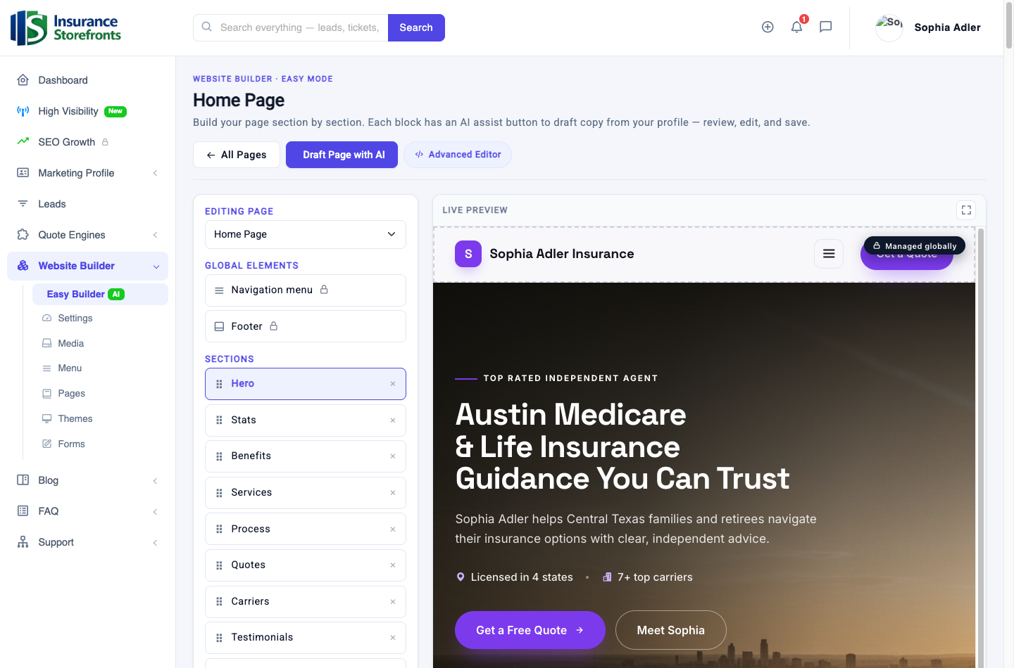 Step 3: the Easy Builder — edit sections with a live preview and AI assist.