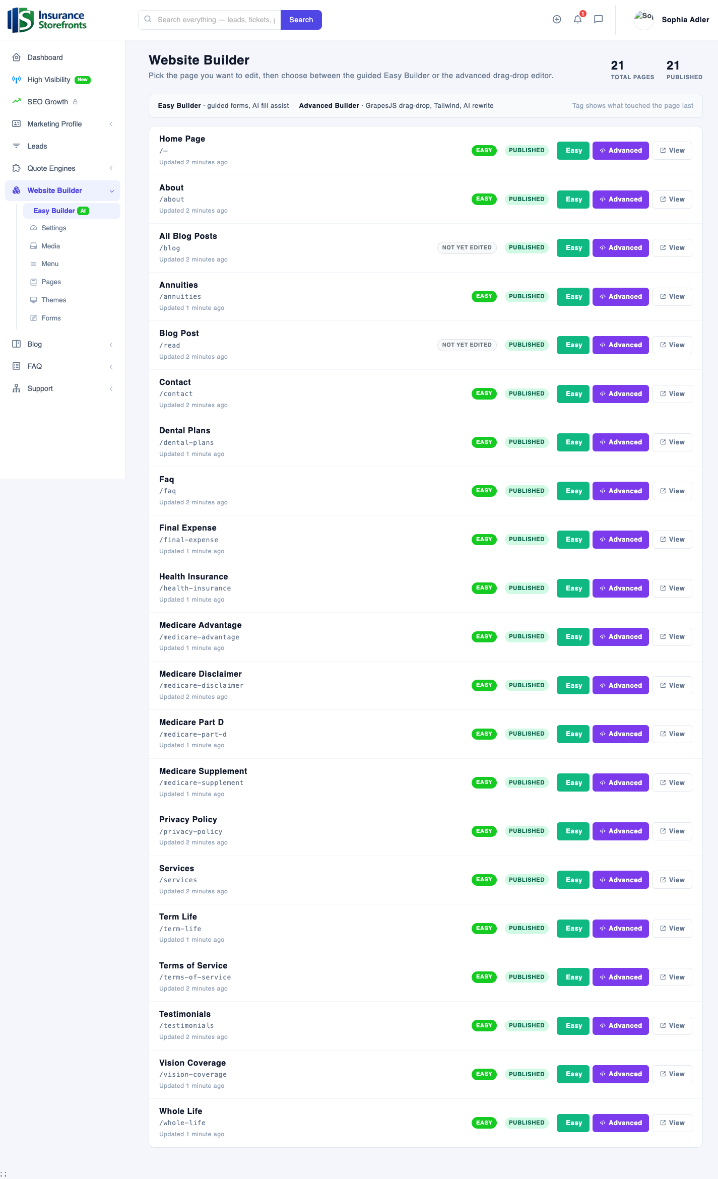 Step 2: your whole site is scaffolded from your profile — 20+ pages, all published.