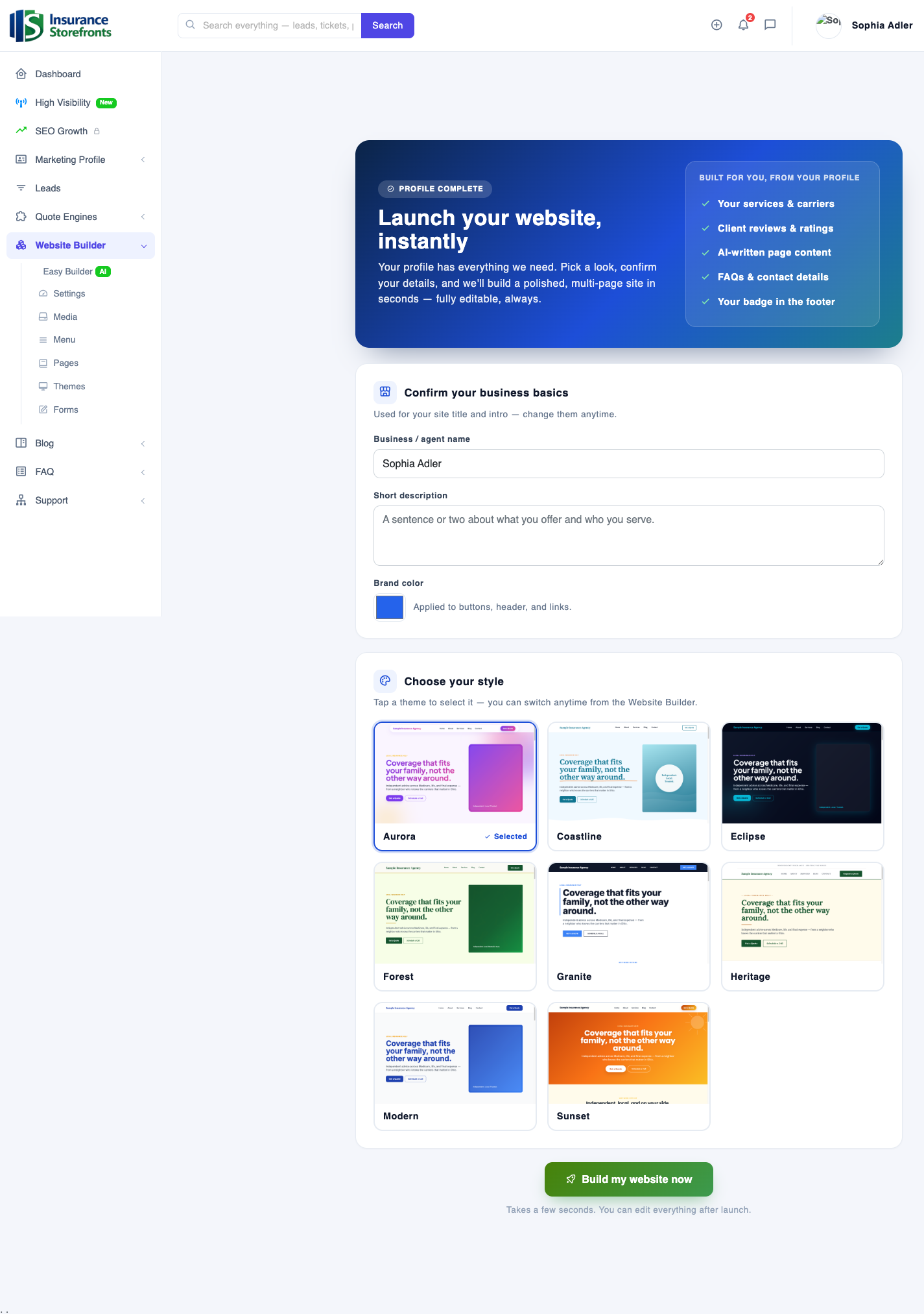Step 1: confirm your business basics and pick one of 8 designed themes.