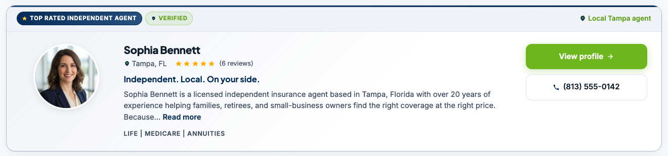 How a claimed agent appears in search results — ribbon, photo, star rating, and a View profile button