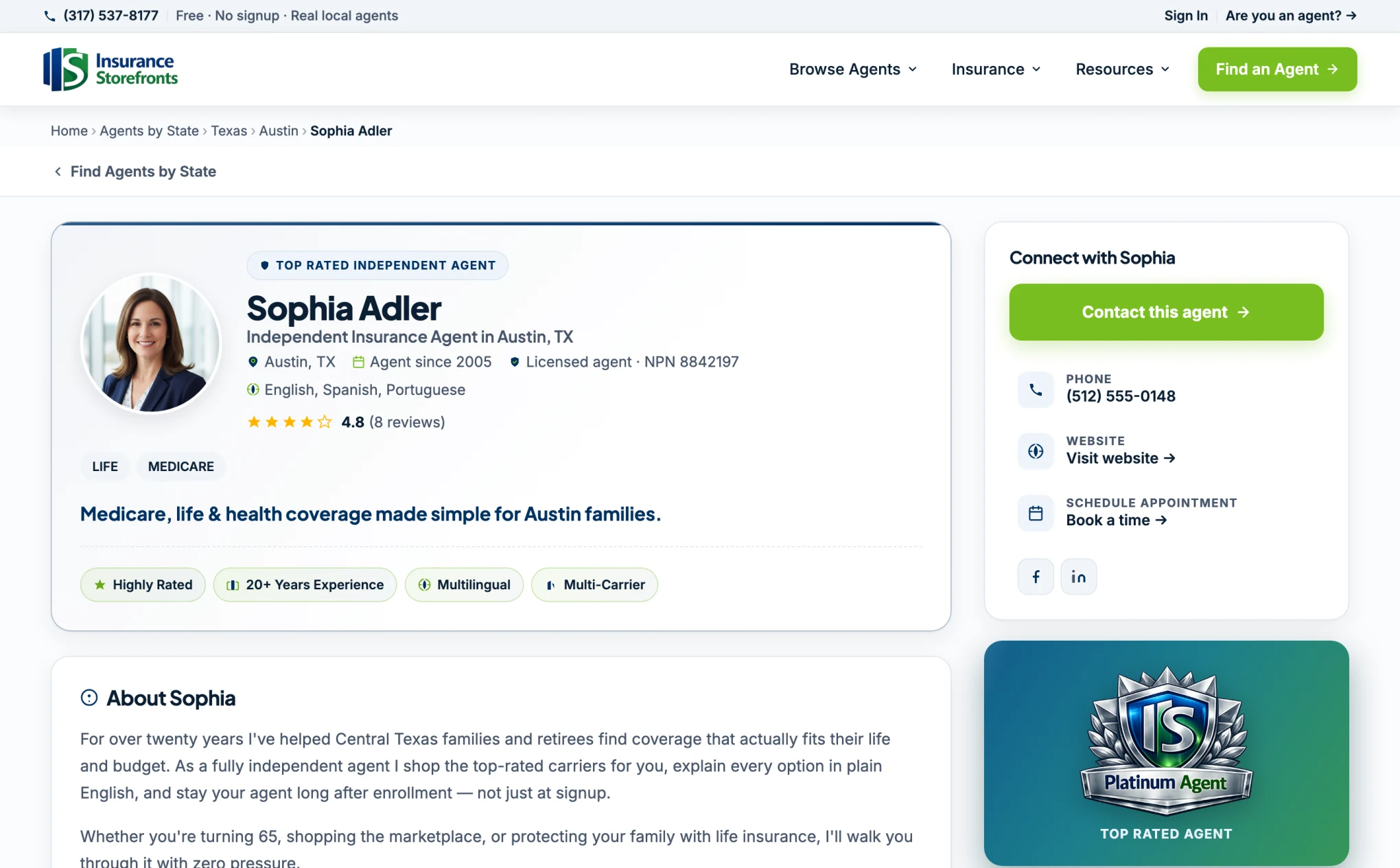 A premium marketing profile for an independent insurance agent on Insurance Storefronts, showing the Top Rated badge, star rating, trust badges, carriers, and a contact button
