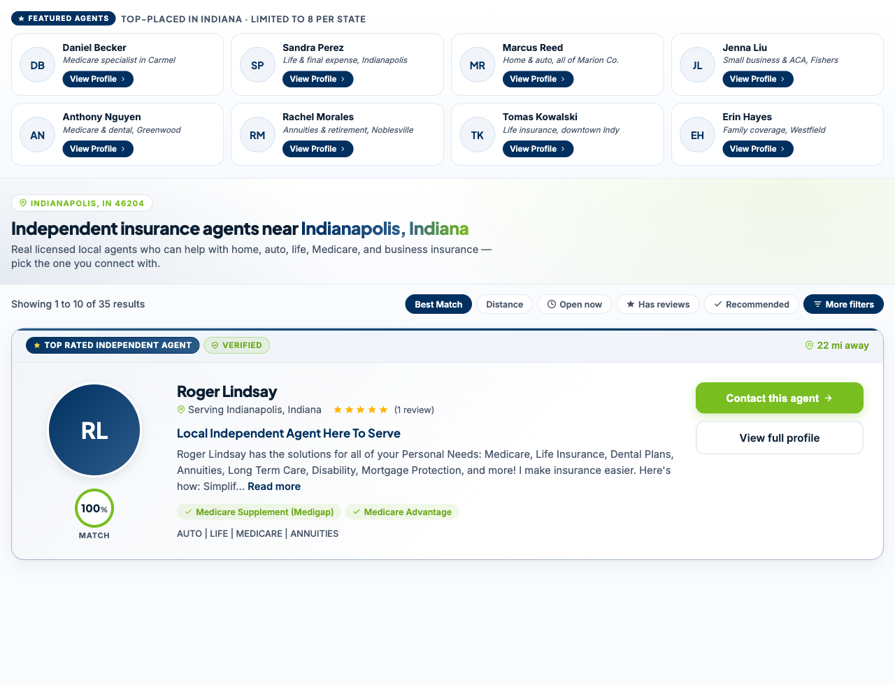 Featured High Visibility agents appearing at the top of Insurance Storefronts consumer search results