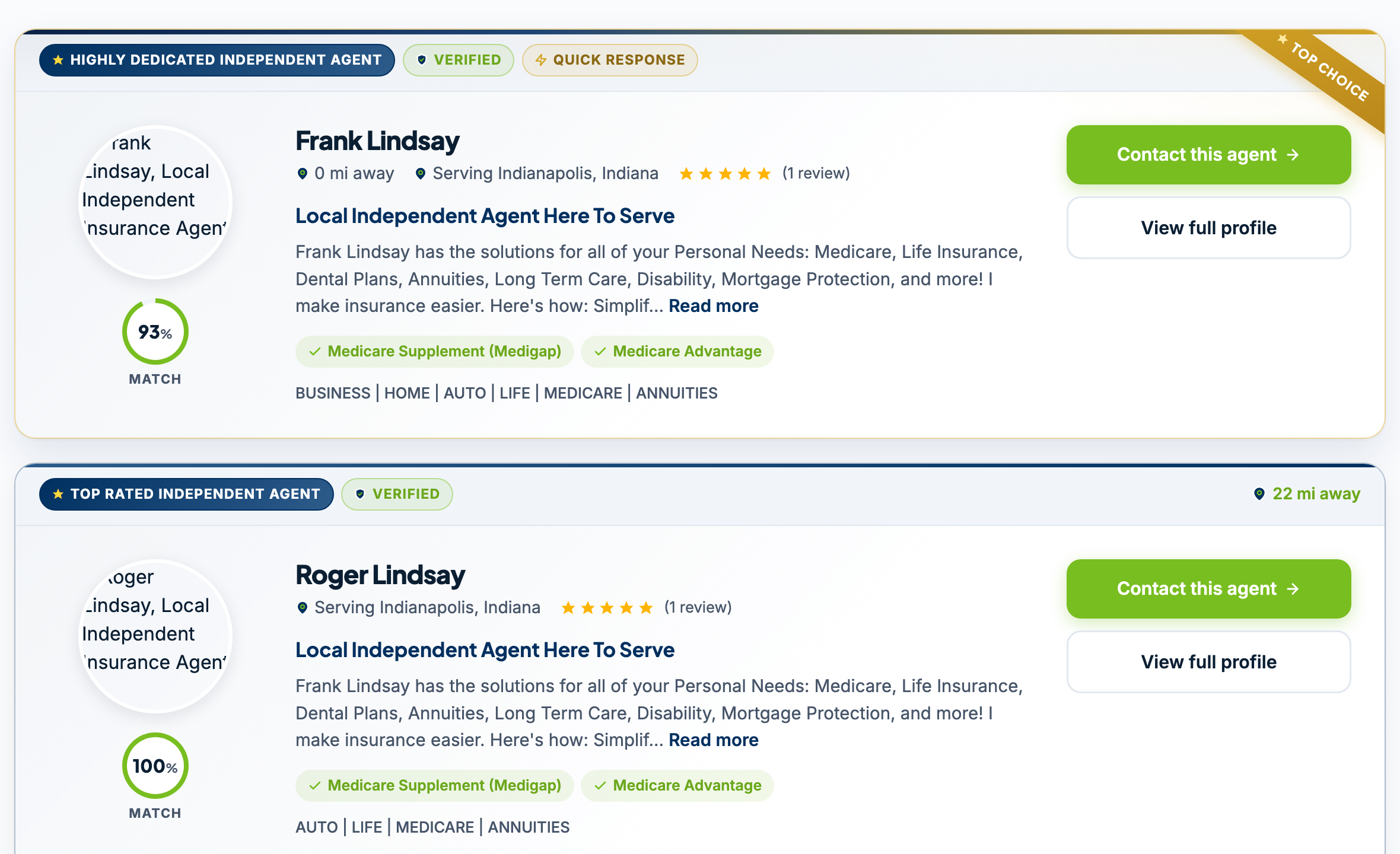 Match Percentage rings on agent results, pairing a consumer with best-fit agents
