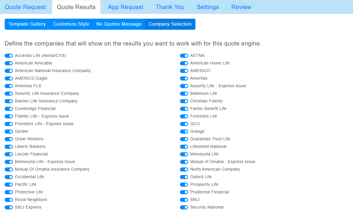 Define Company Selections For Quote Engines
