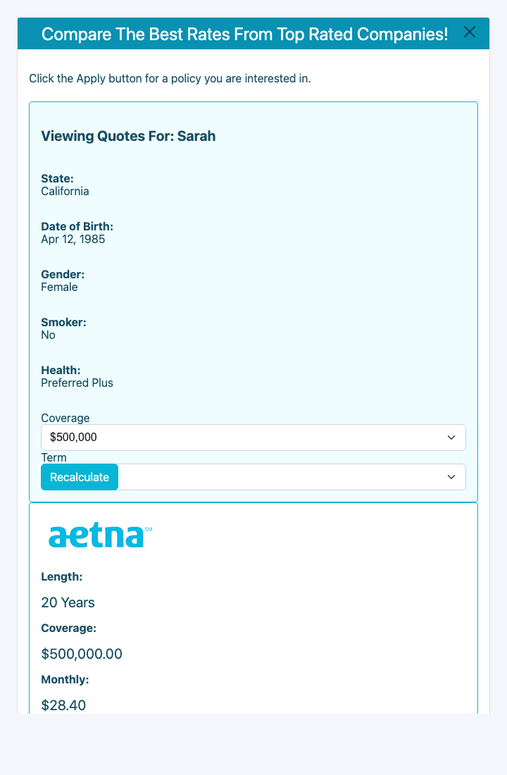 A consumer comparing real-time term life rates from Aetna inside an embedded quote engine