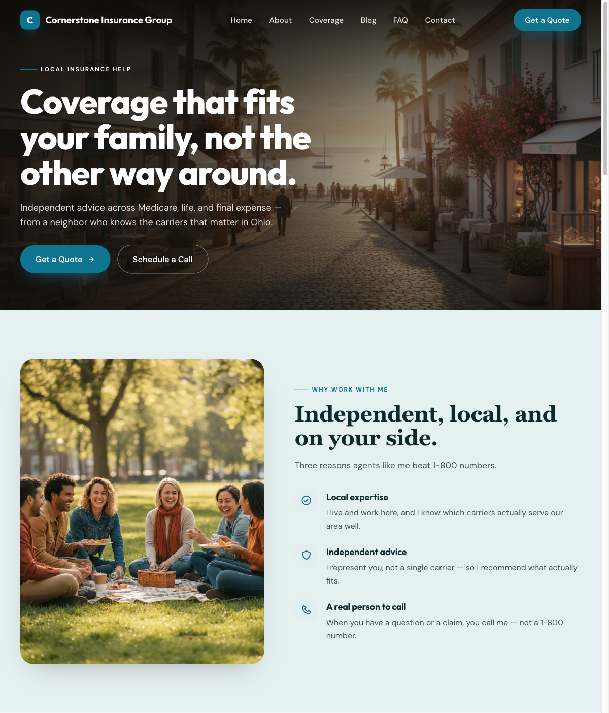 An example done-for-you agent website built on the SEO Growth plan — a polished, professional insurance homepage with navigation, a hero, and a Get a Quote call-to-action