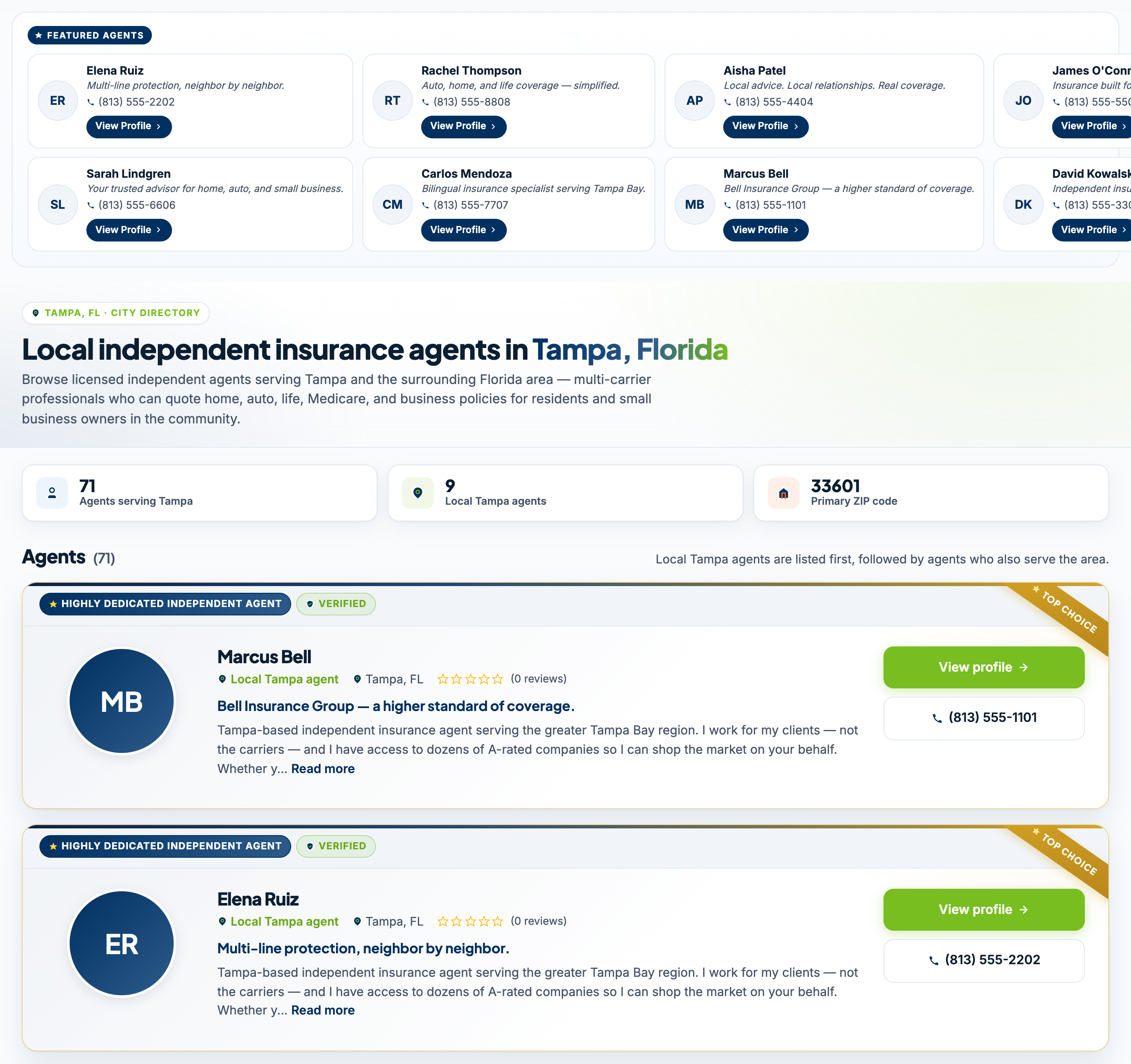 A real consumer search on InsuranceStorefronts for agents in Tampa, FL — eight featured agents stacked across the top, then the results list with two Premium SEO Growth Plan agents (Marcus Bell, Elena Ruiz) carrying gold Top Choice corner ribbons