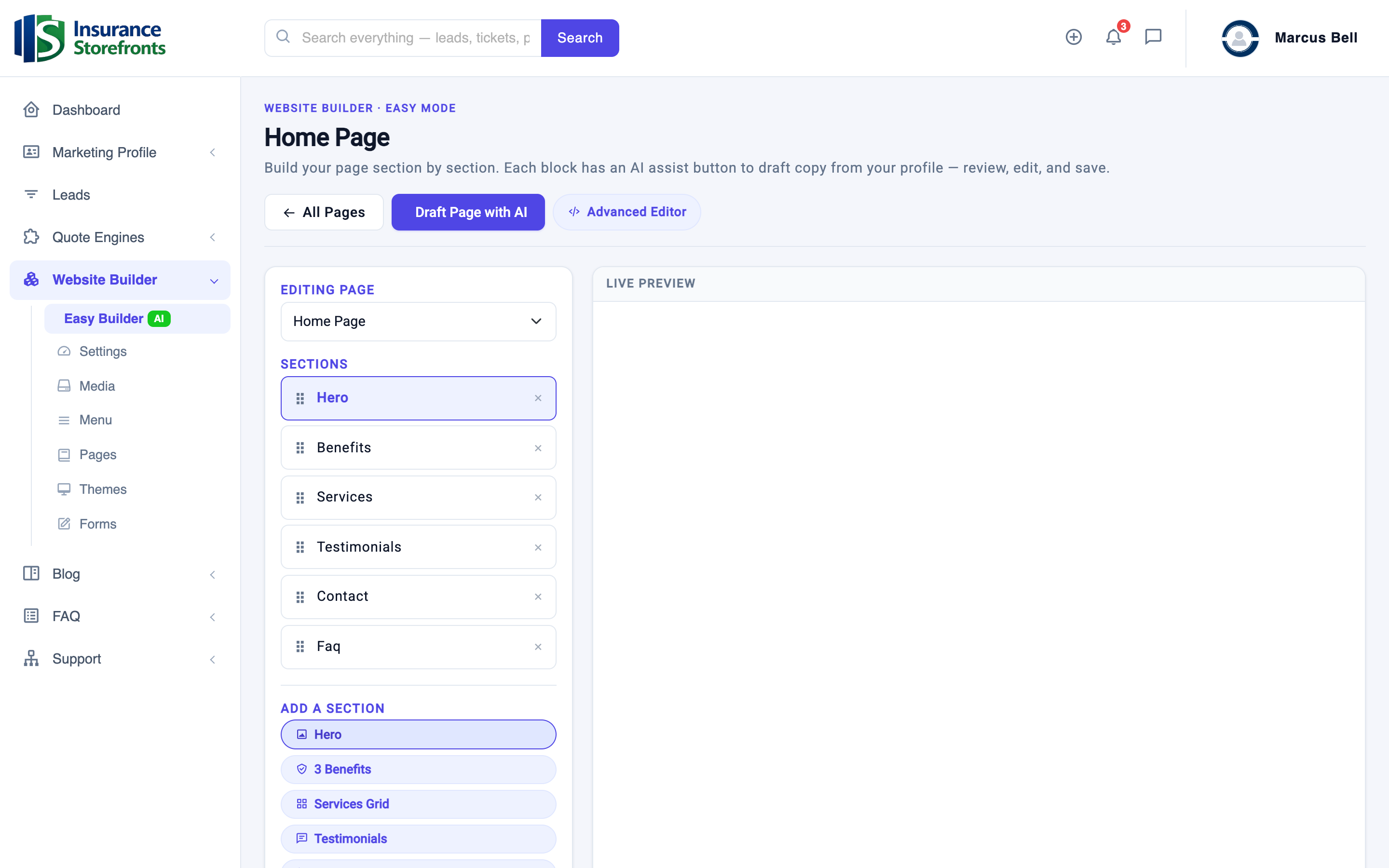 The Easy Builder editor drafting an insurance agent home page with AI