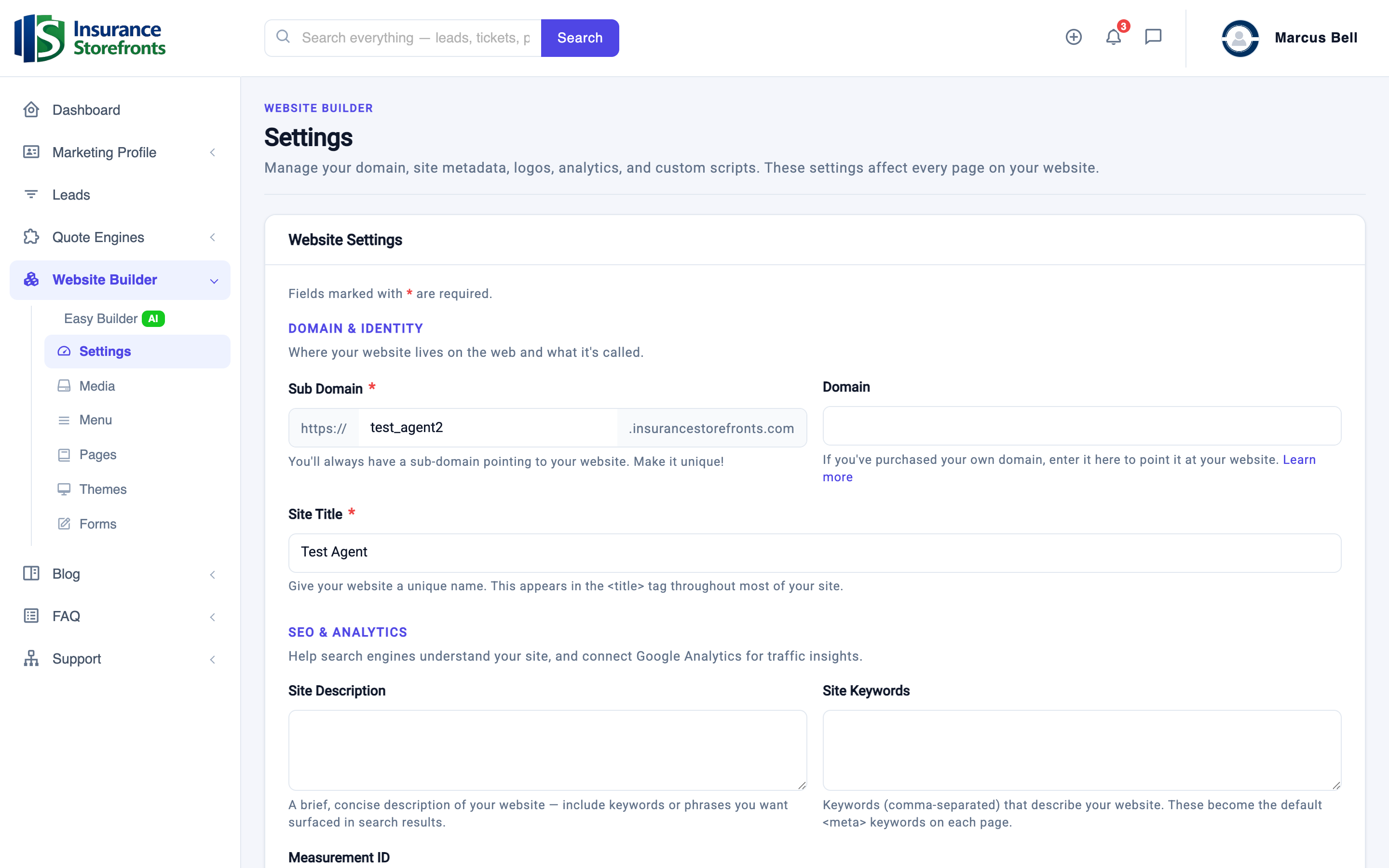 Website settings for SEO meta tags, custom domain, and analytics