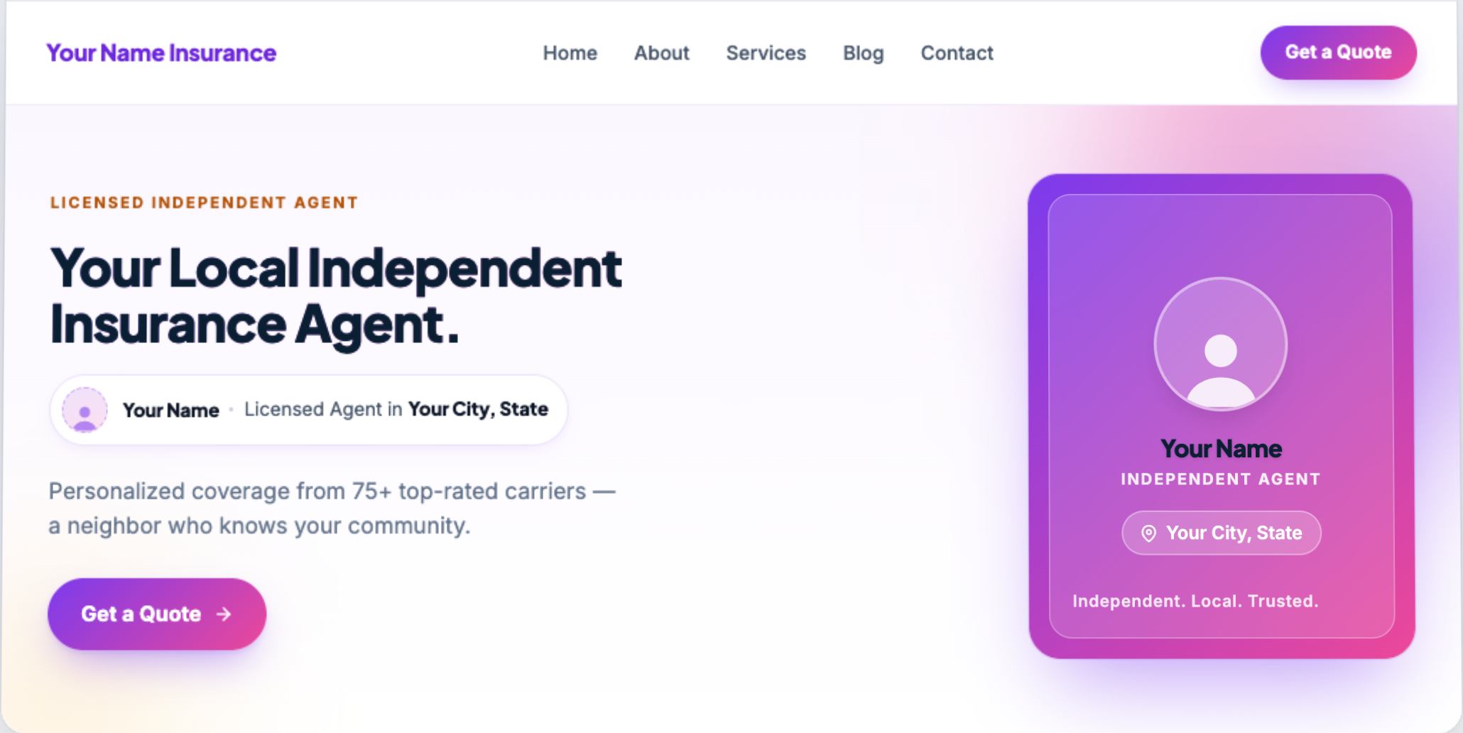 Example independent insurance agent website built with the Insurance Storefronts website builder